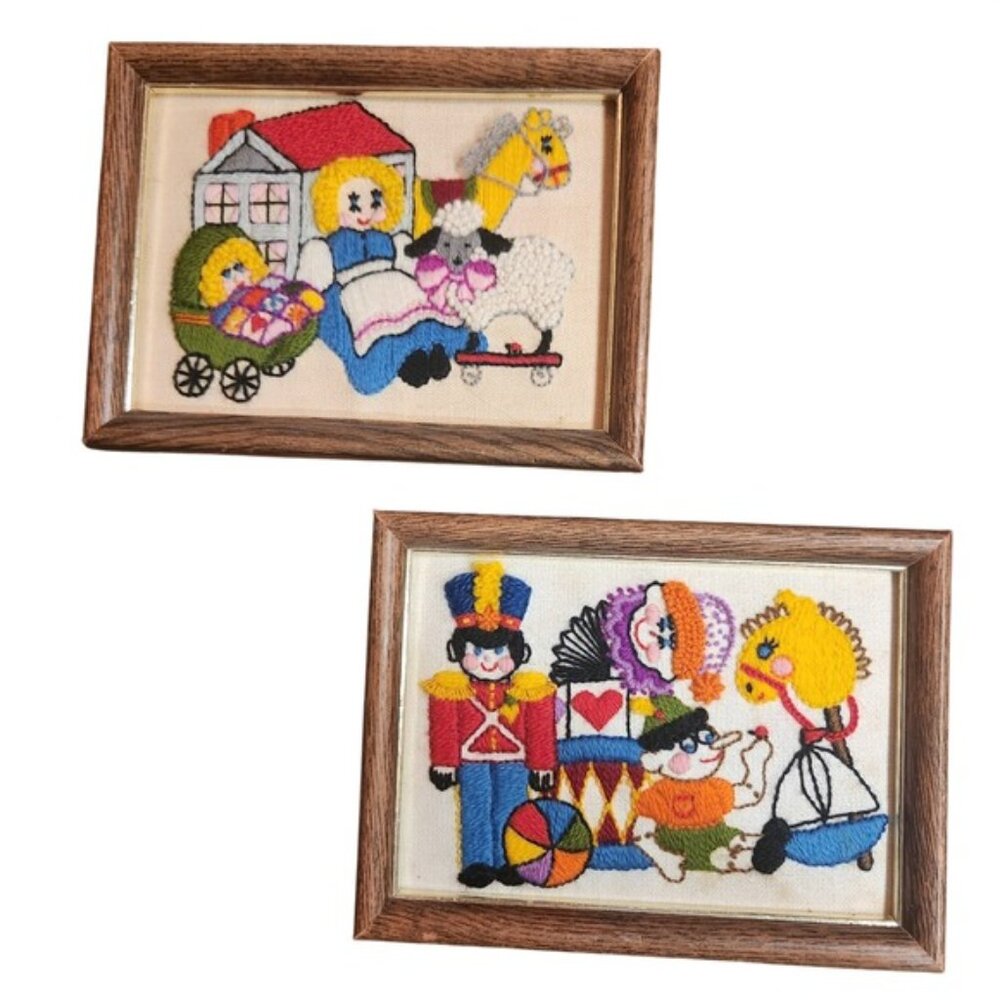 Vintage Sunset Designs Crewel Embroidery Framed Art Set Toy Soldier Nursery MCM - Picture 2 of 6
